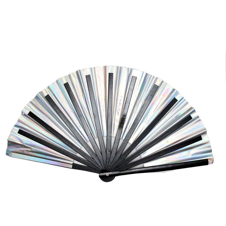 Iridescent hand fan with black accents on a white background