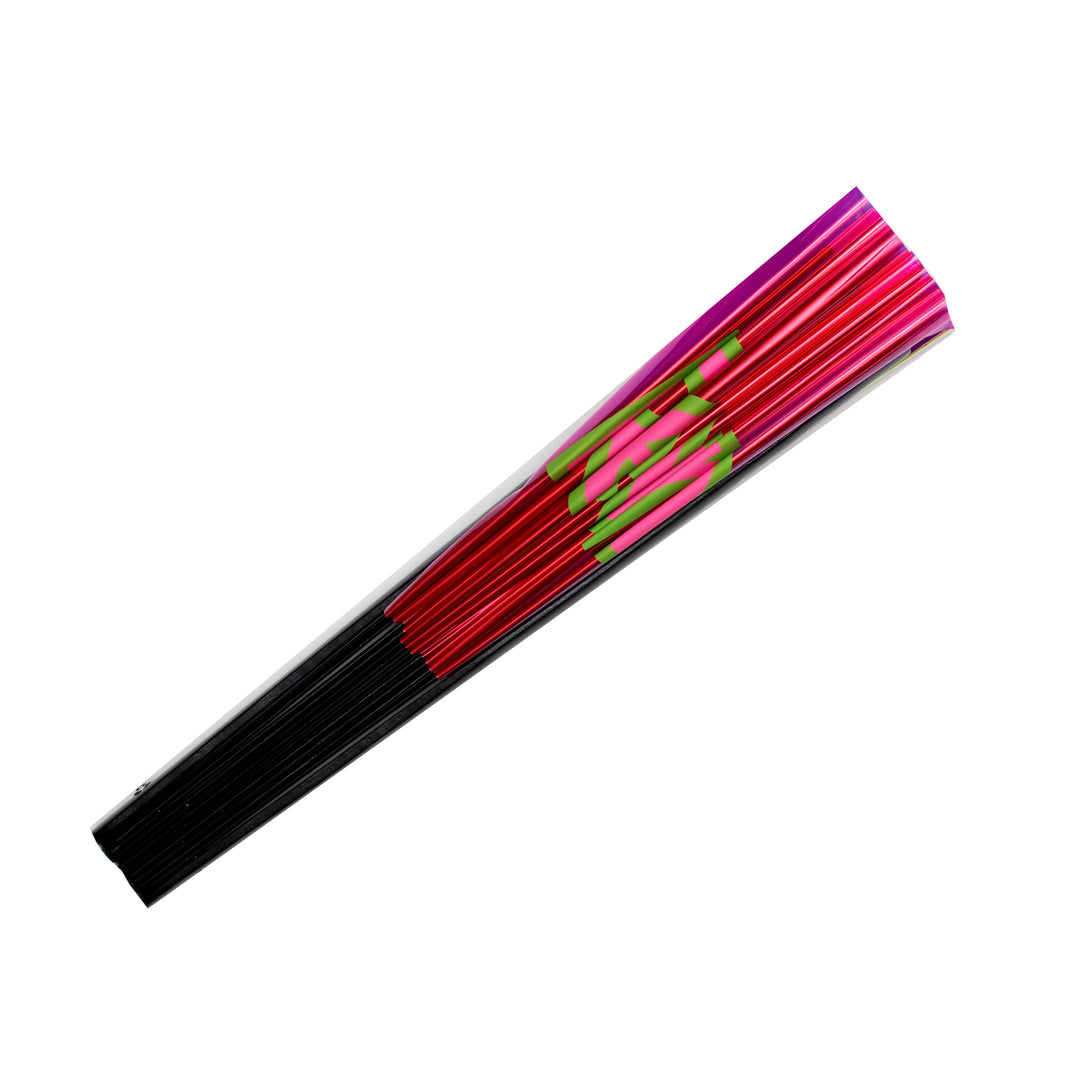 Side view of pink holographic folded fan