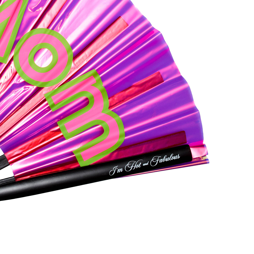 Holographic pink fan with 'I'm Hot and Fabulous' text on a white background