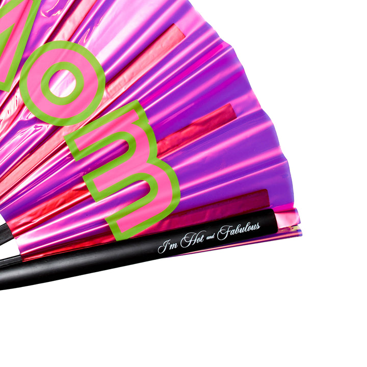 Holographic pink fan with 'I'm Hot and Fabulous' text on a white background
