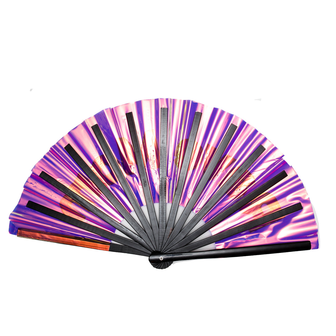 Colorful hand fan with black handles on a white background