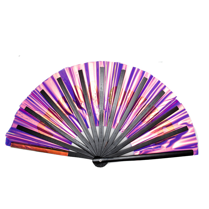 Colorful hand fan with black handles on a white background