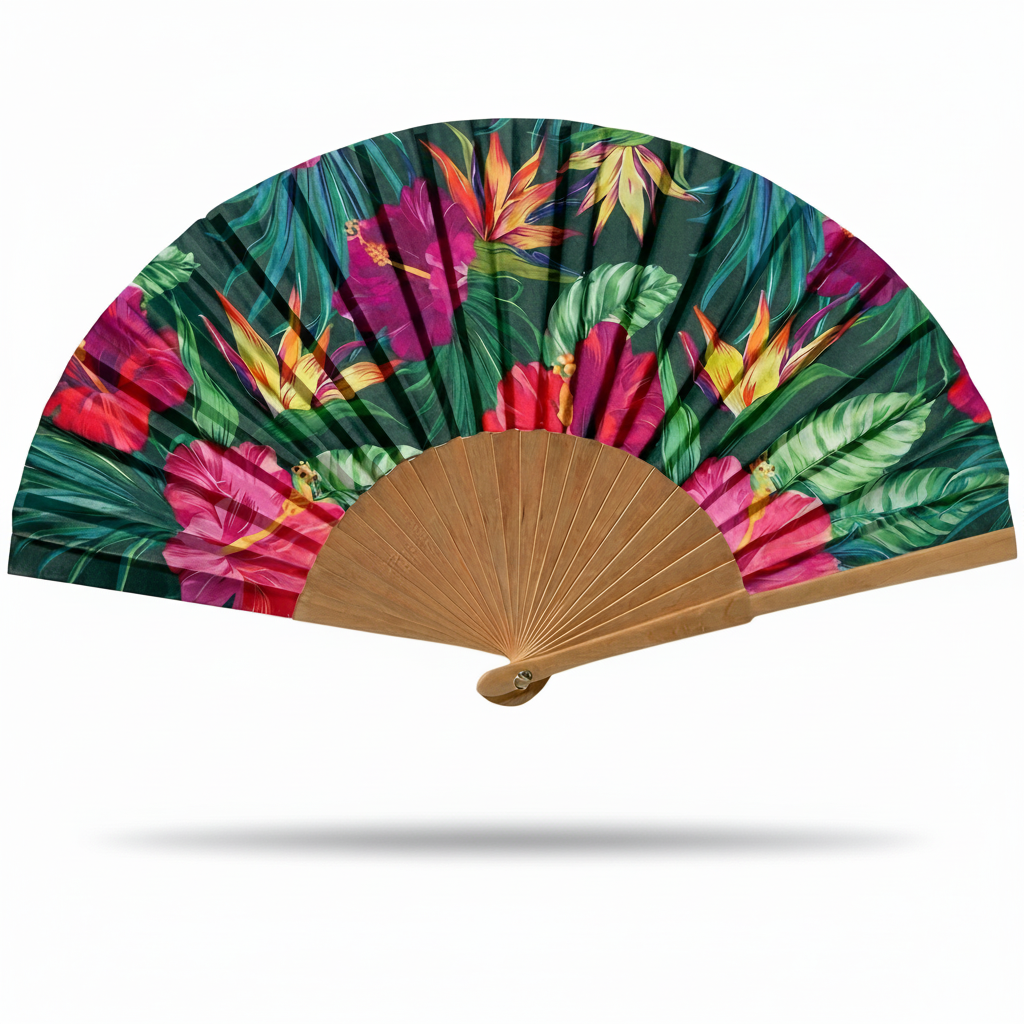 Handheld fan with tropical leaf design on a white background