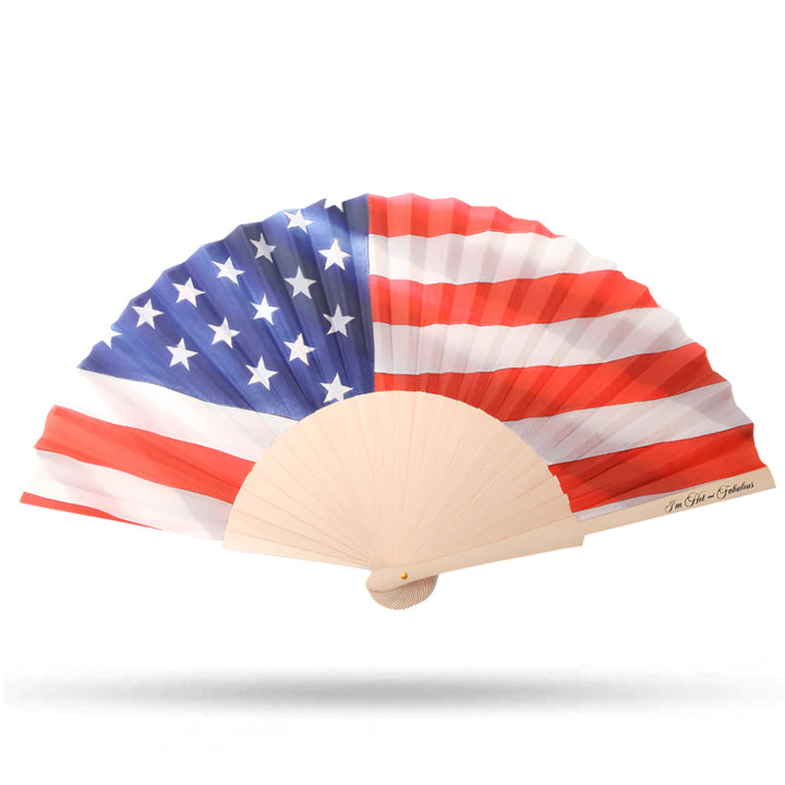 Handheld fan with American flag design on a white background