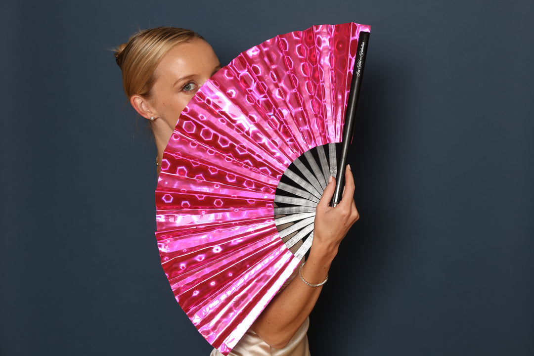 Girl with Holographic Pink Dream XL Hand Fan
