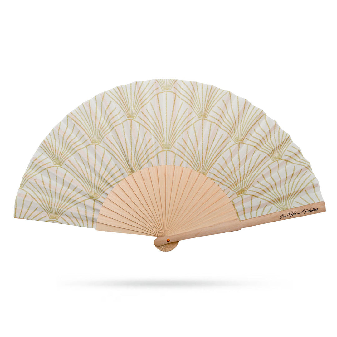 Handheld fan with decorative leaf pattern on a white background