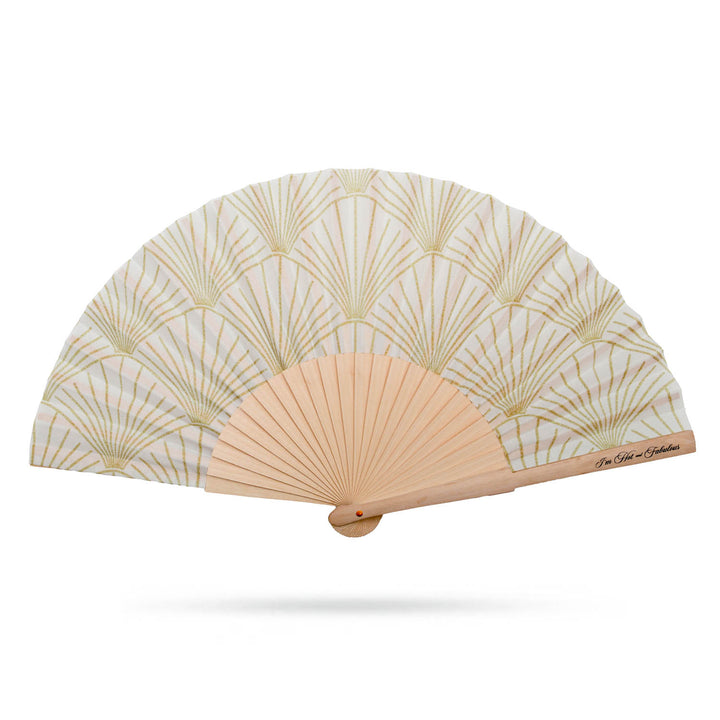 Handheld fan with decorative leaf pattern on a white background