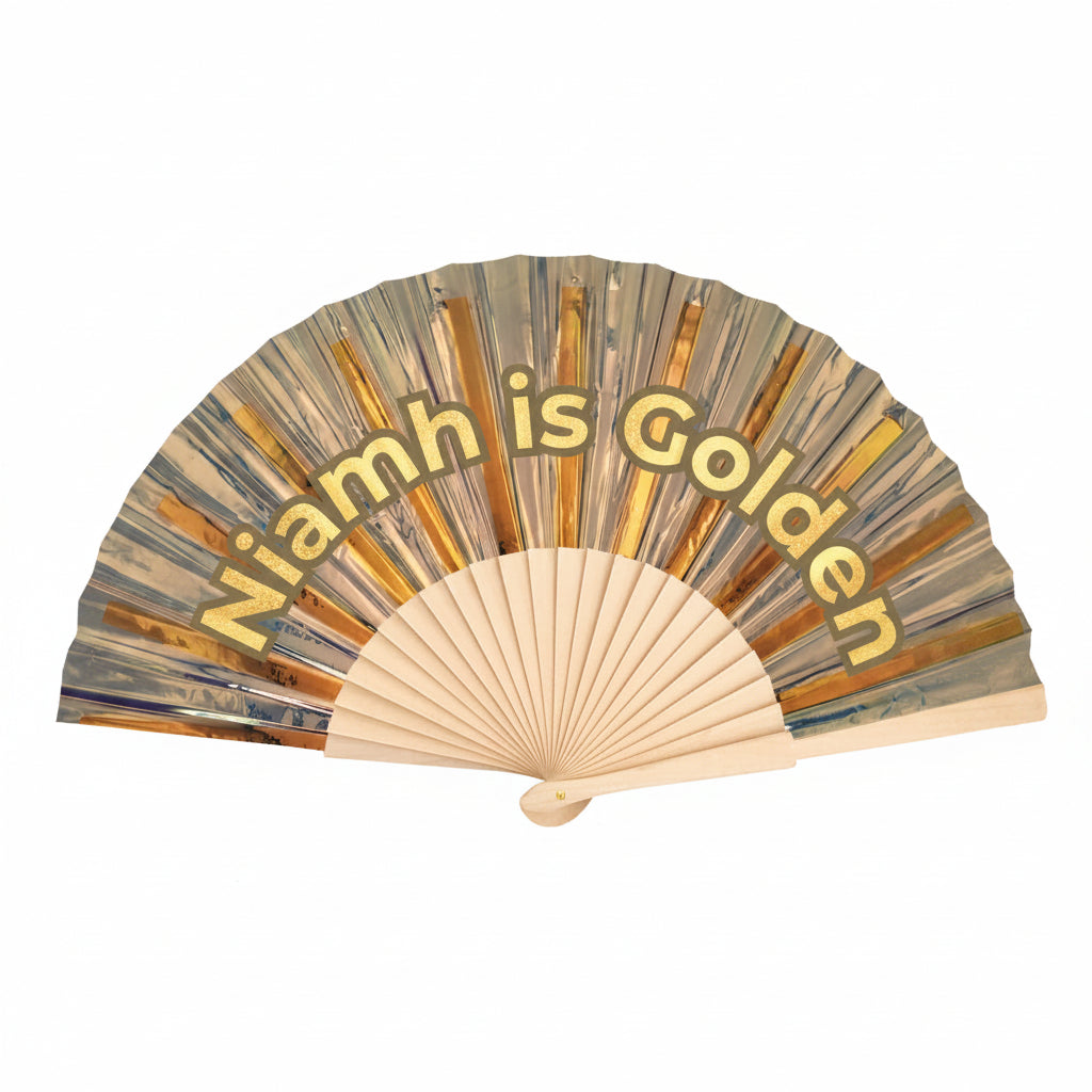 Custom Handheld fan with 'Niamh is Golden' text 