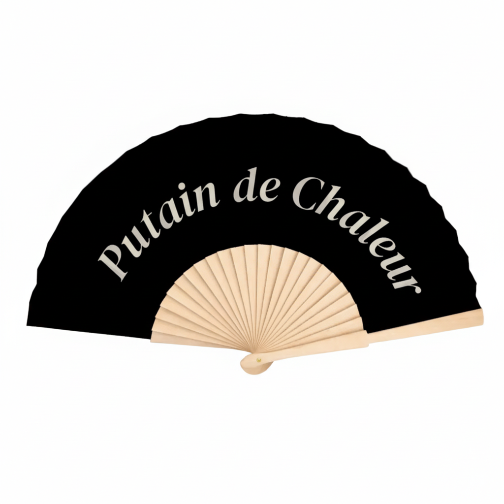 Black hand fan with 'Putain de Chaleur' text on a white background