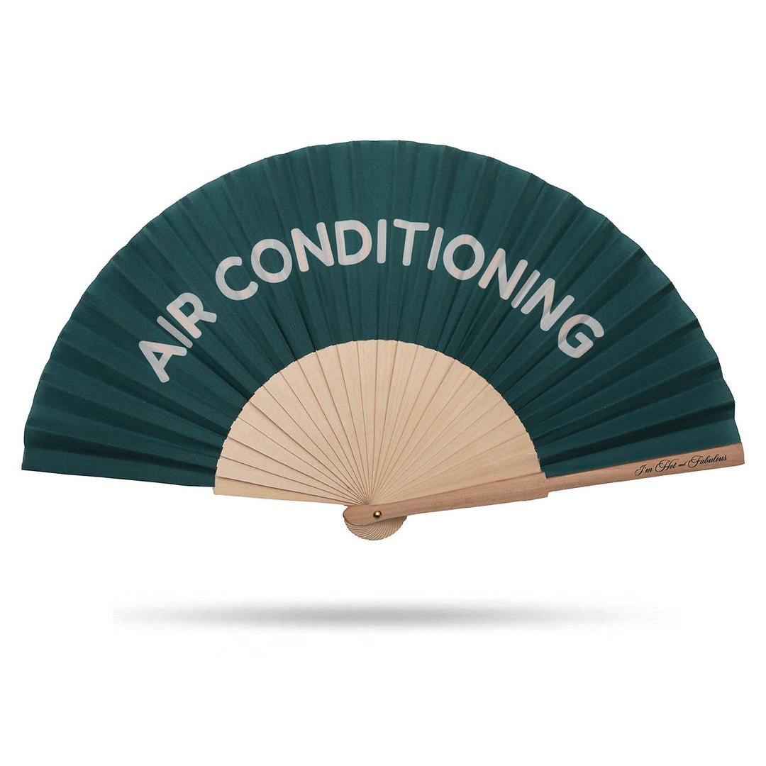 Handheld fan with 'AIR CONDITIONING' text on a white background