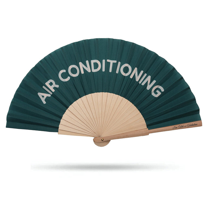 Handheld fan with 'AIR CONDITIONING' text on a white background