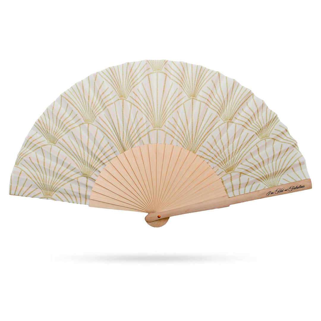 Handheld fan with decorative leaf pattern on a white background
