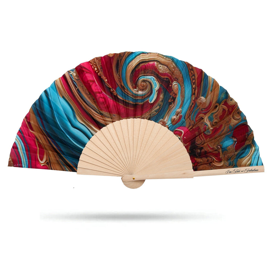 Colorful hand fan with a swirling design on a white background