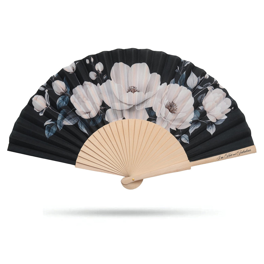Black Floral Hand Fan on a white background