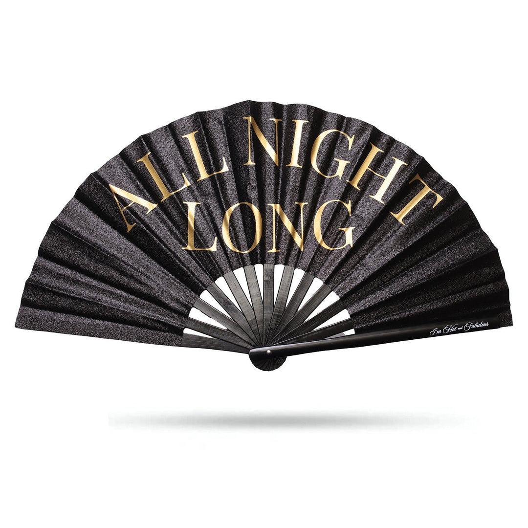Black hand fan with 'All Night Long' text in gold on a white background