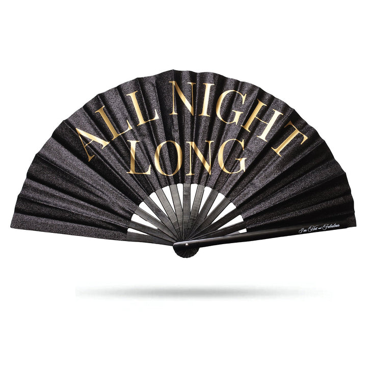 Black hand fan with 'All Night Long' text in gold on a white background