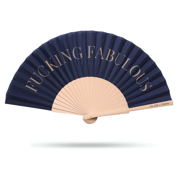 Navy blue hand fan with 'Fucking Fabulous' text on a white background