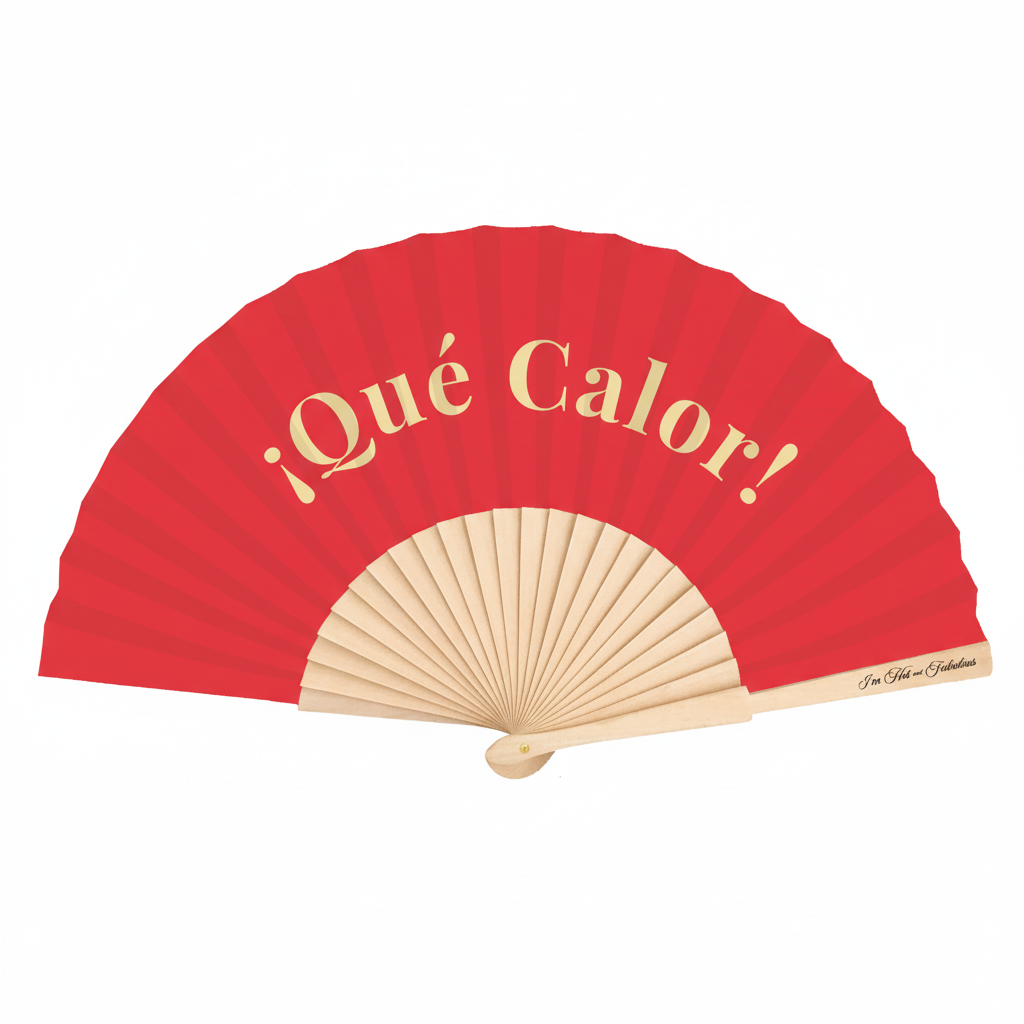 Red fan with beige handle and 'Qué Calor!' text on a white background