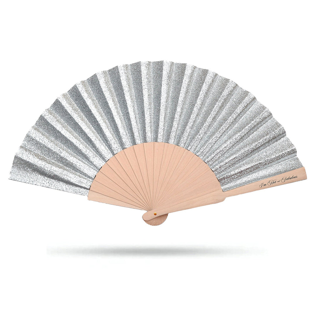 Handheld fan with silver and beige design on a white background