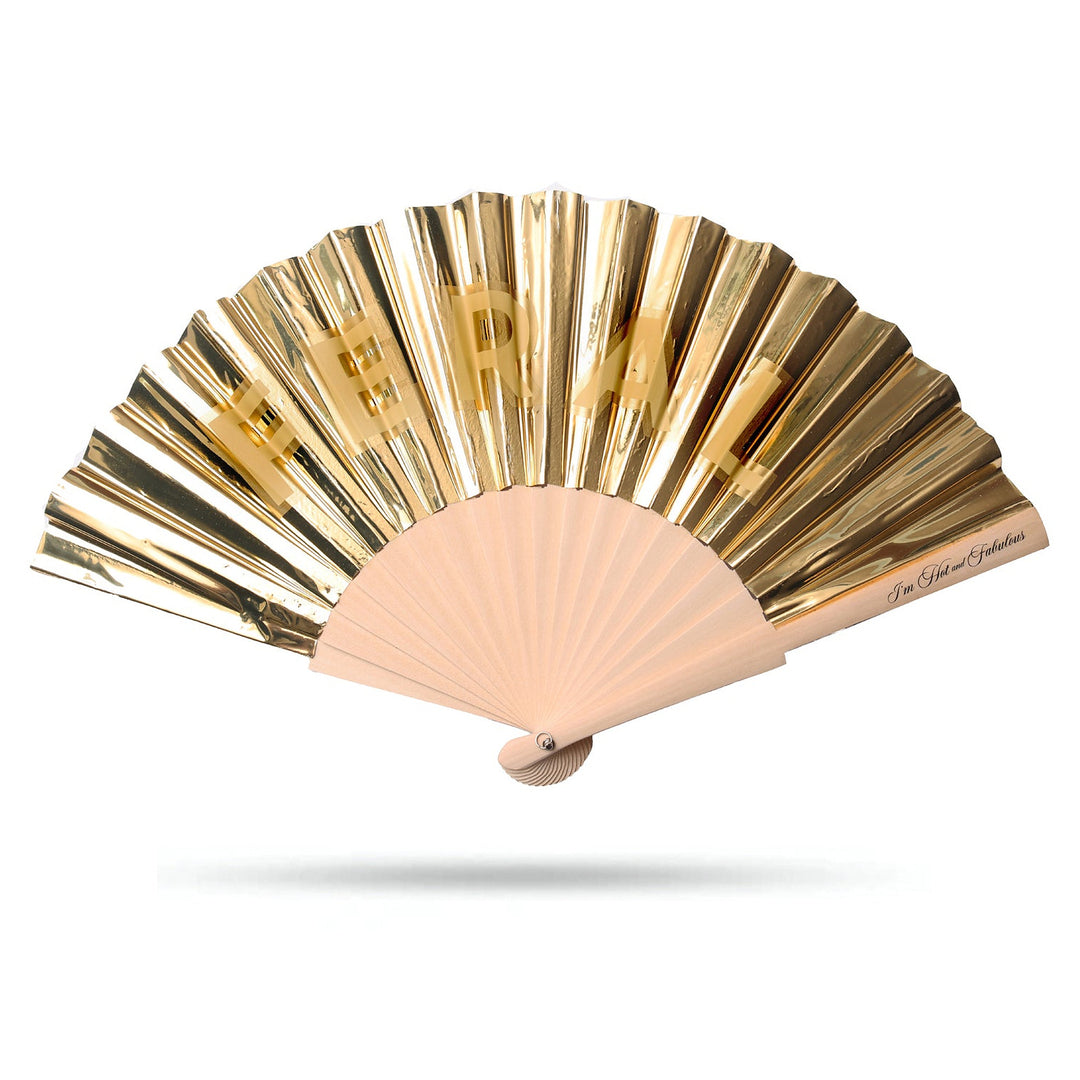 Gold Holographic Feral Hand Fan on a white background