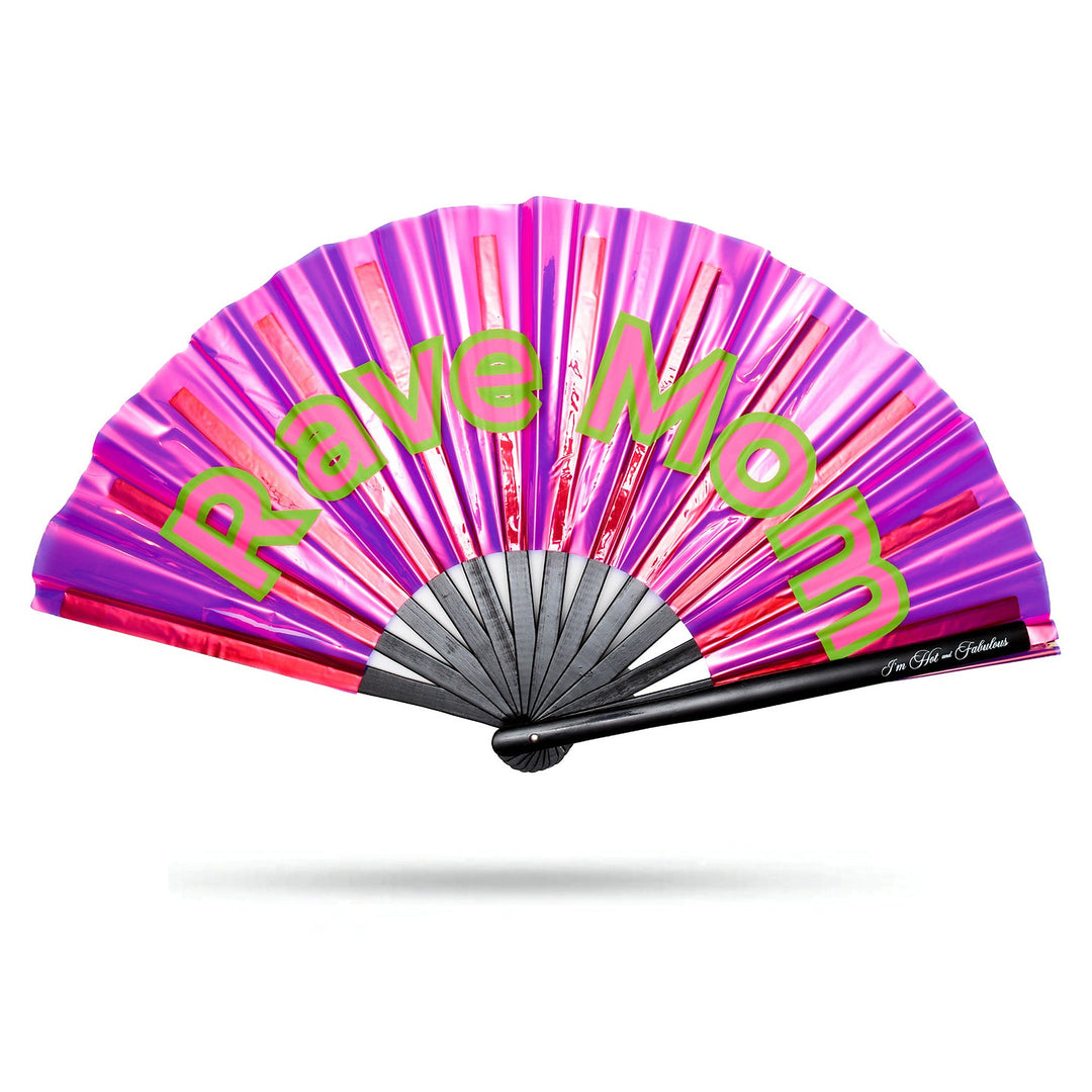 Pink and purple fan with 'Rave Mom' text on a white background