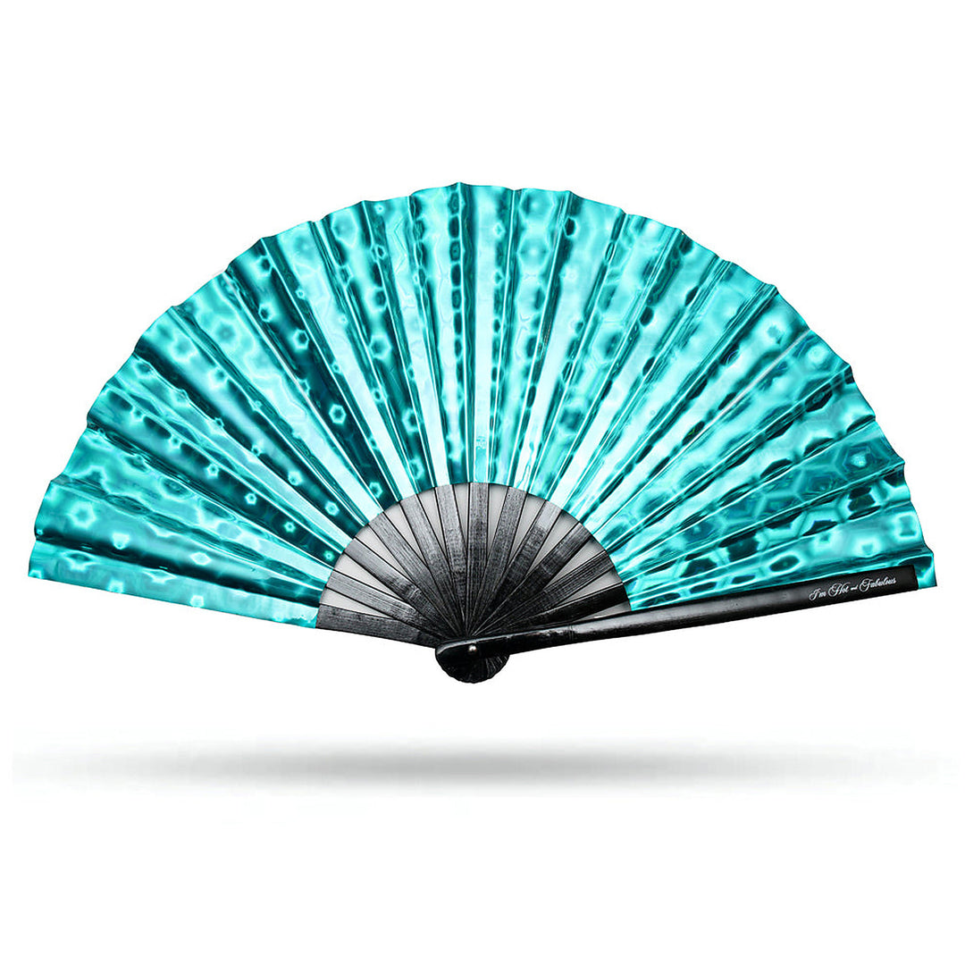Holographic Teal Dream XL Hand Fan on a white background