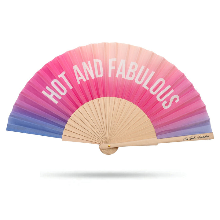 Handheld fan with colorful gradient and 'Hot and Fabulous' text on a white background