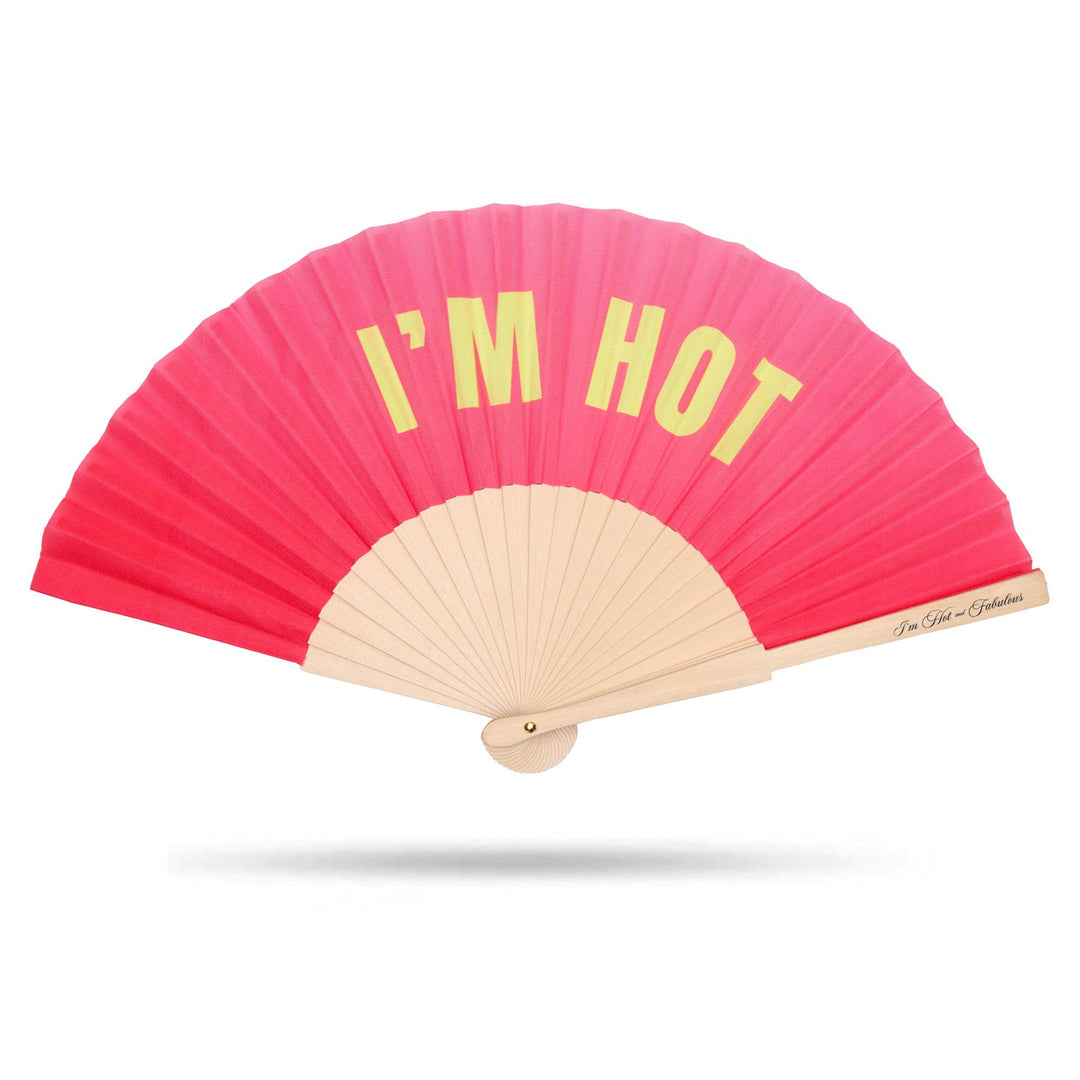 Pink hand fan with 'I'm Hot' text on a white background