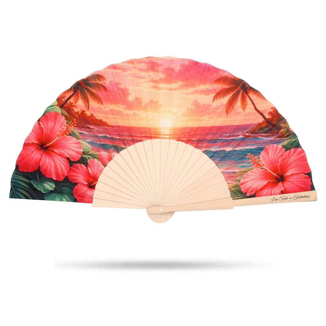 Handheld fan with a tropical design featuring palm trees and flowers on a white background