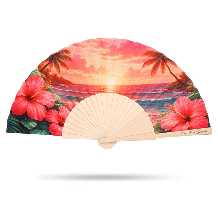 Handheld fan with a tropical design featuring palm trees and flowers on a white background
