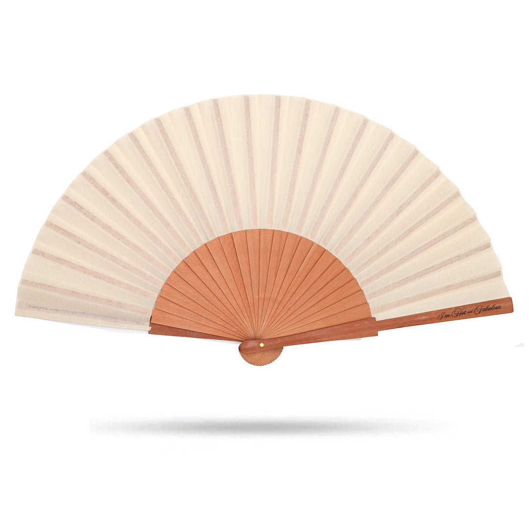 Handheld fan with beige fabric and wooden frame on a white background