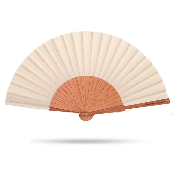 Handheld fan with beige fabric and wooden frame on a white background