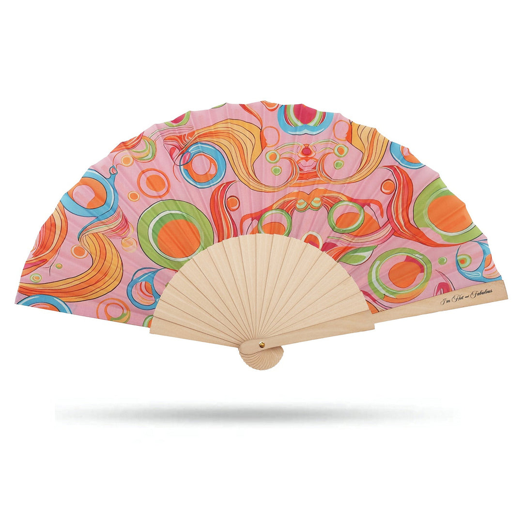 Colorful Lindy Pop hand fan with a pink background and circular patterns on a white background