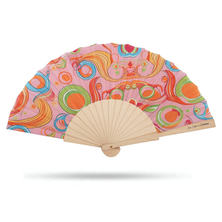 Colorful Lindy Pop hand fan with a pink background and circular patterns on a white background