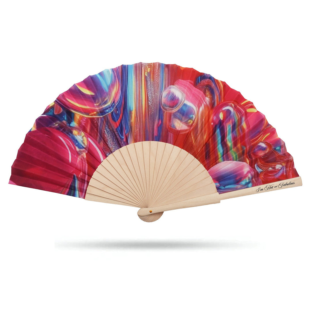 Colorful hand fan with abstract liquid galaxy design on a white background