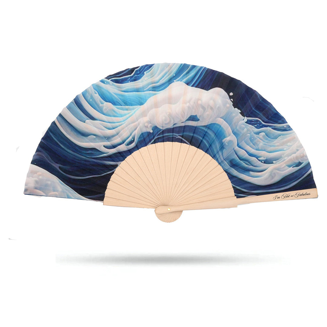 Handheld fan with wave design on a white background