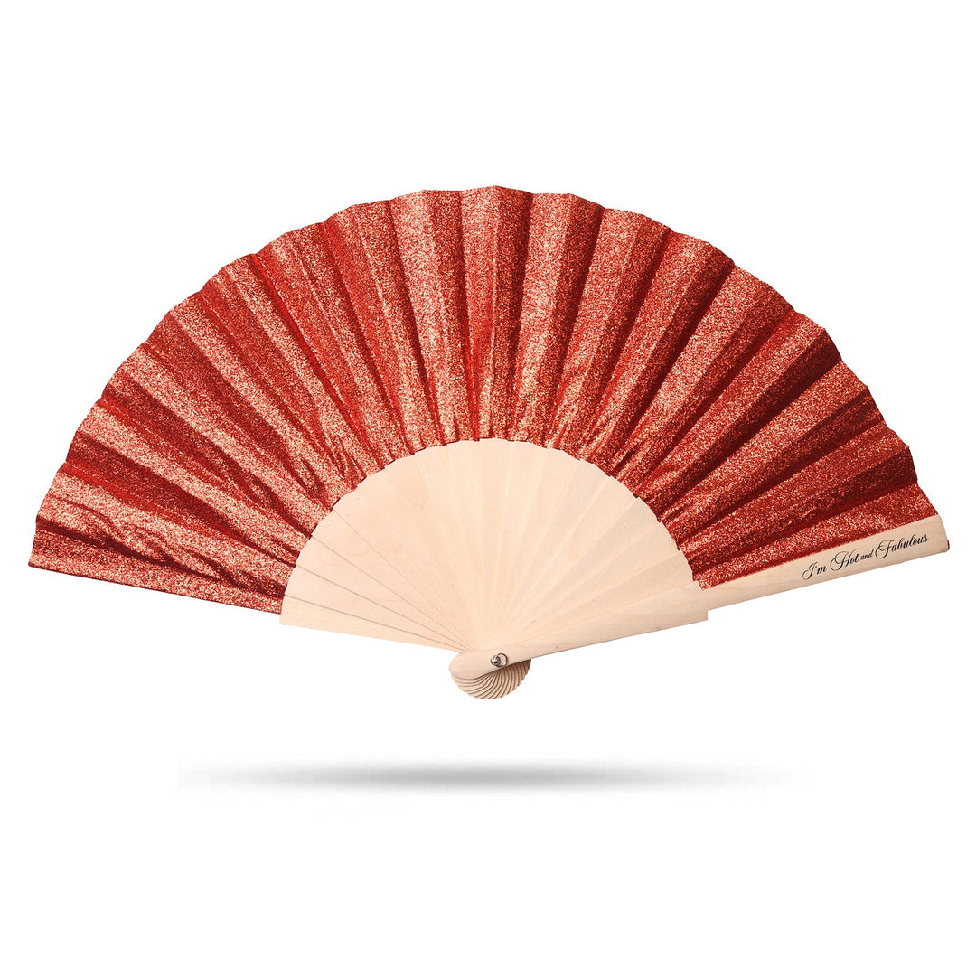 Orange hand fan with beige handle on a white background
