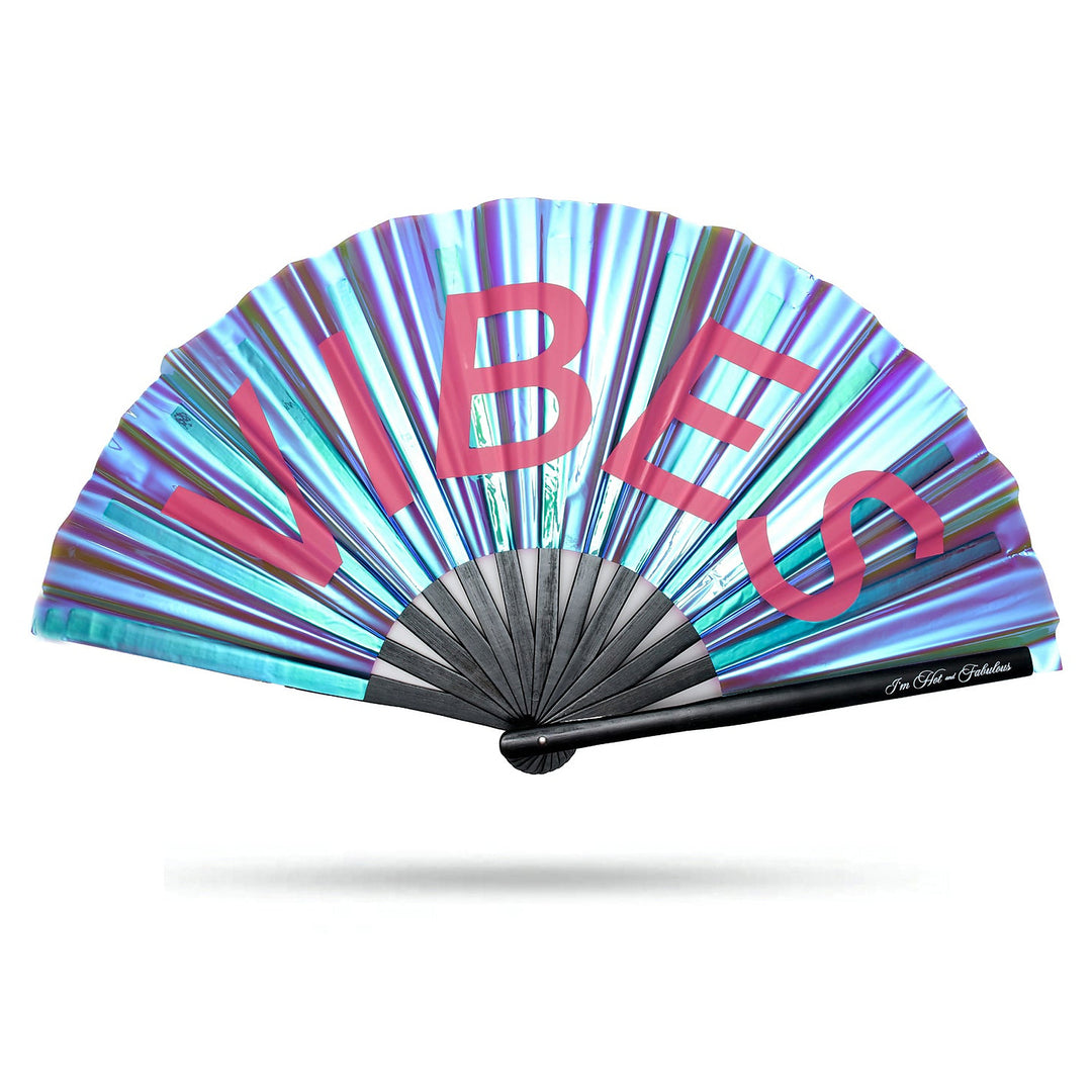 Colorful hand fan with 'VIBES' text on a white background
