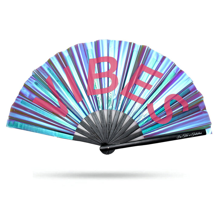 Colorful hand fan with 'VIBES' text on a white background