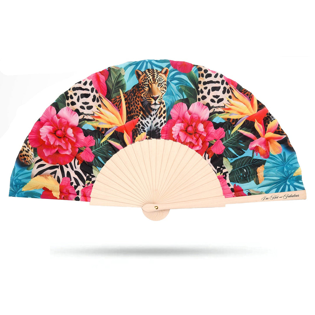 Folding fan with a colorful design of leopards and flowers on a white background