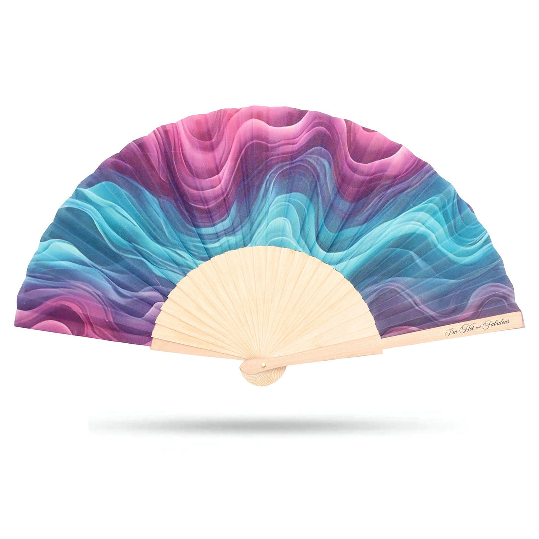 Colorful hand fan with wavy violet pattern on a white background