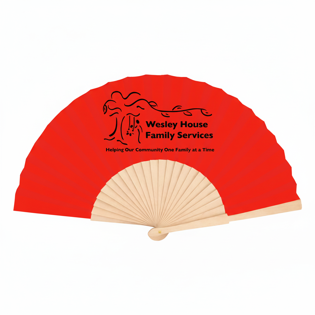 Custom Red fan with 'Wesley House Family Services' logo and text on a white background