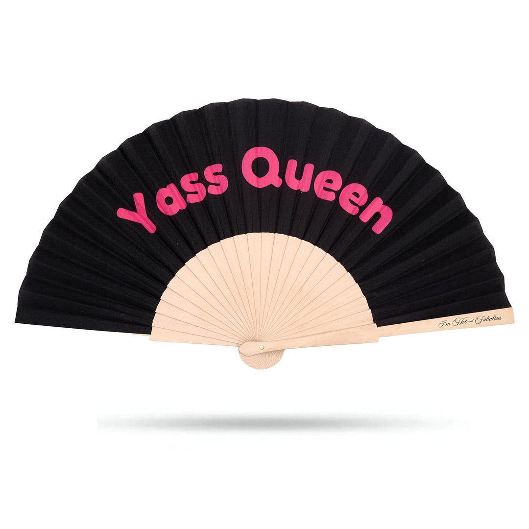 Black fan with pink text 'Yass Queen' on a white background
