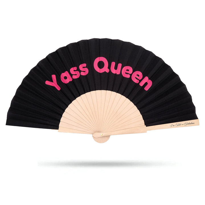 Black fan with pink text 'Yass Queen' on a white background