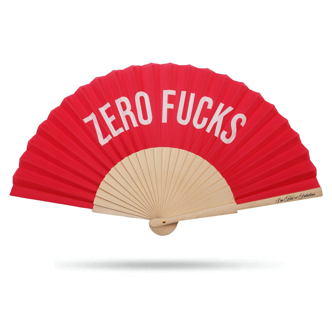 Red fan with 'ZERO FUCKS' text on a white background